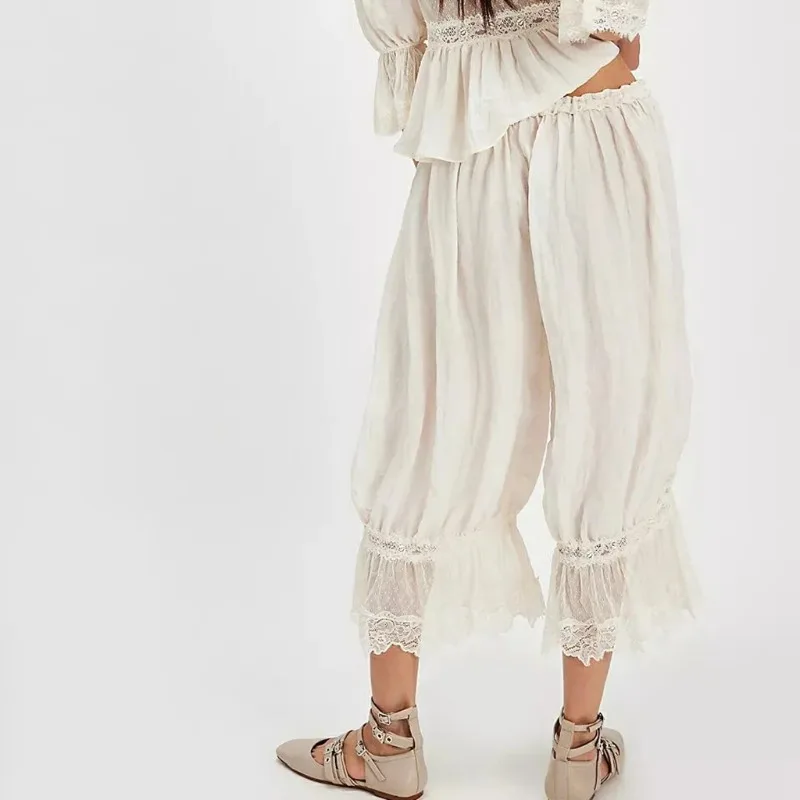 Loose Fit Bloomers Cropped Pants Fashion High Waist Women's Pants Drawstring Floral Lace Patchwork Calf-Length Lantern Trousers