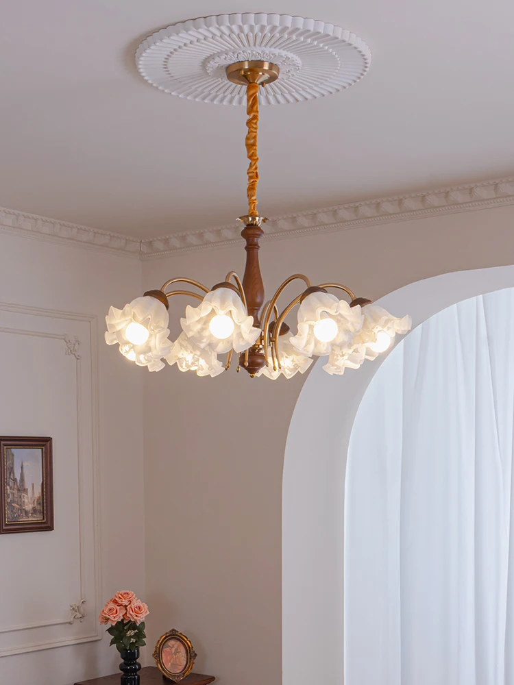 

French antique flower chandelier retro cream style living room main light creative American bedroom dining room lighting