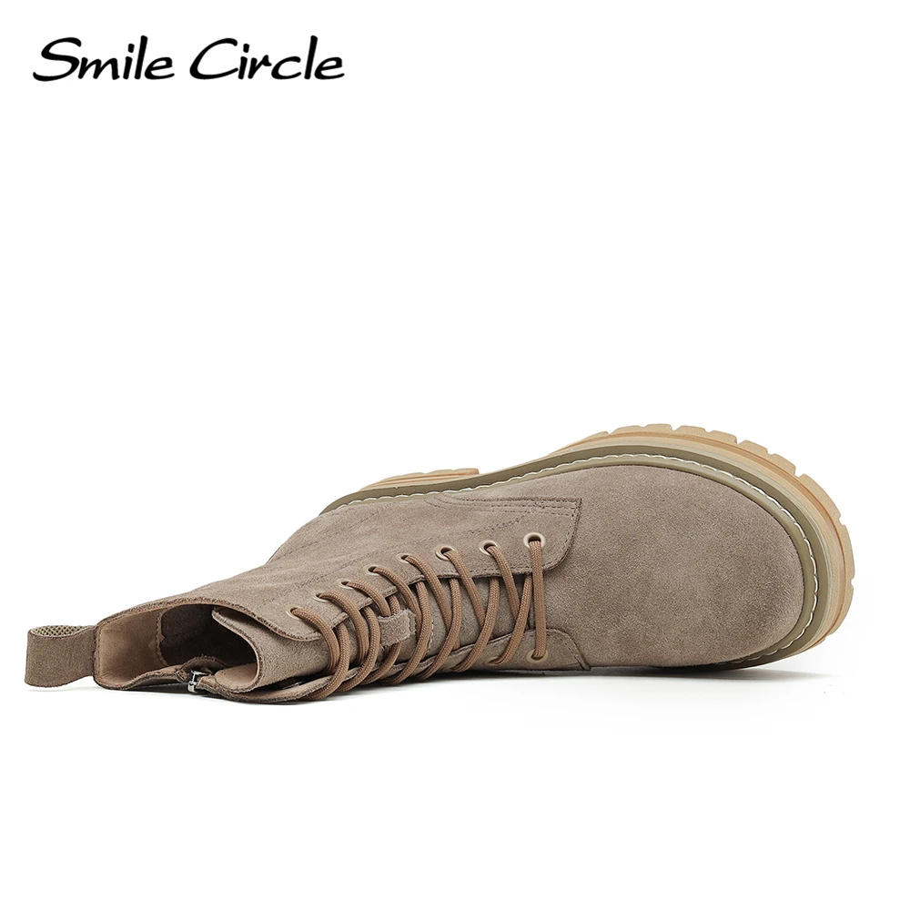 Smile Circle Ankle Boots Women Winter Cow Suede Leather Platform Boots Round Toe Lace-up Non-slip Snow Boots