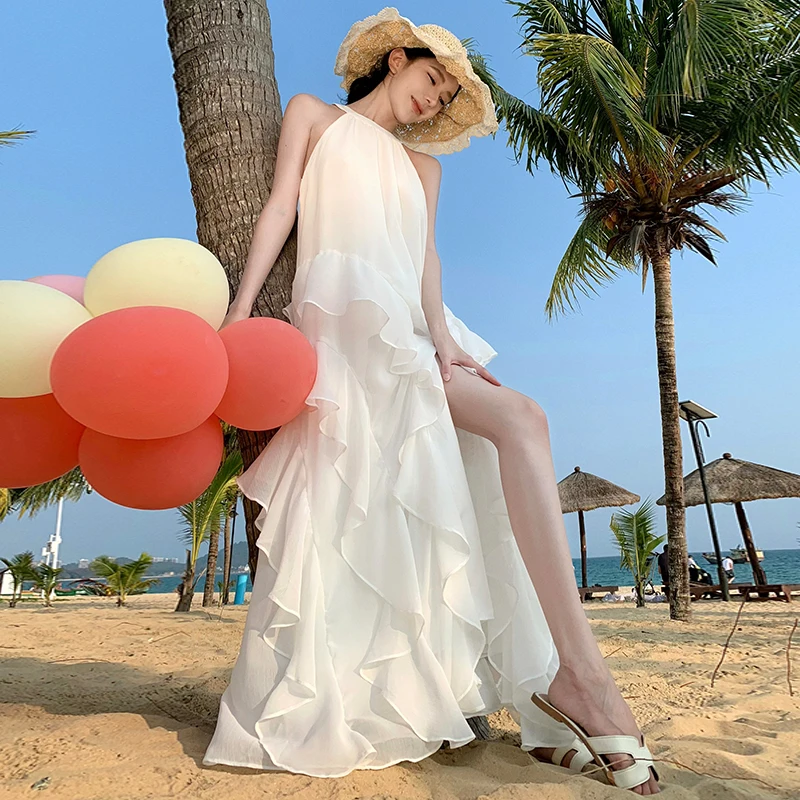 2024 New Summer Off Shoulder Halter Holiday Beach Loose Dress Chic Women Sleeveless Ruffles Chiffon Split Boho Cake Long Vestido