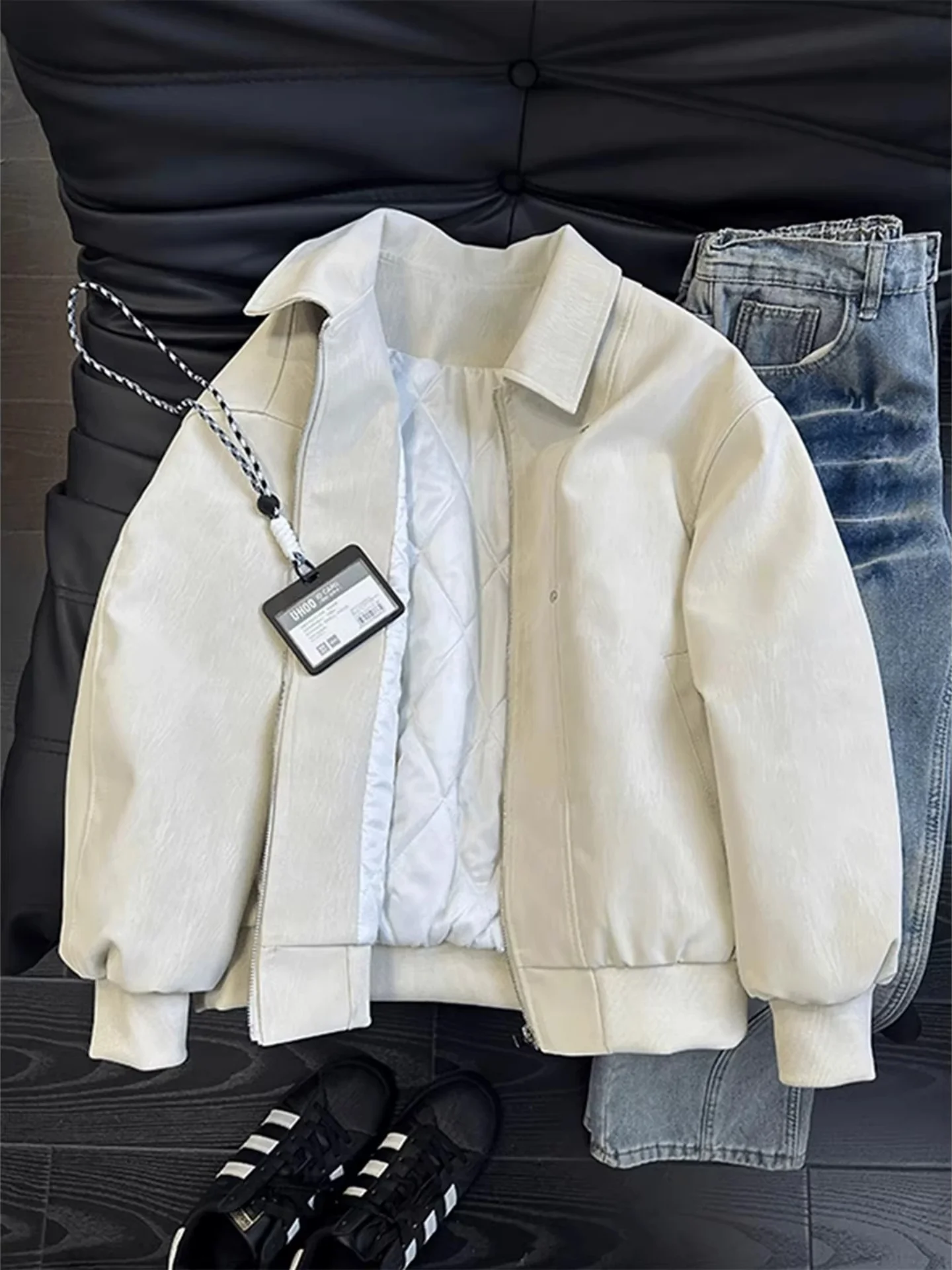 

American Sle ort PU Leather Jaet Men's Thiened Cotton Pilot Coat Cleanfit Collar Winter Warm Casual Faion Coat
