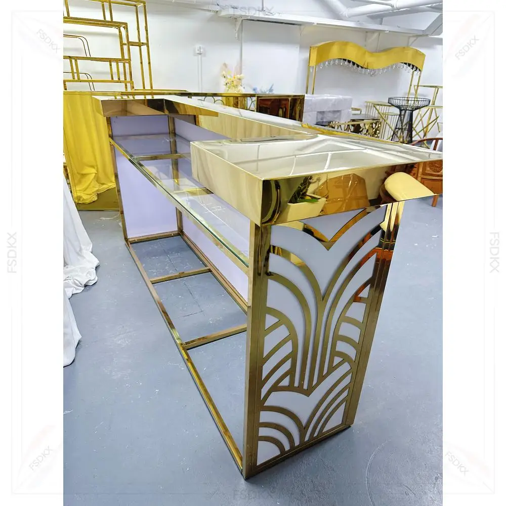 Gold Art Decor Geometric Laser Cut Stainless Steel Reception Bar Counter for Wedding Banquet Hotel Event Decor