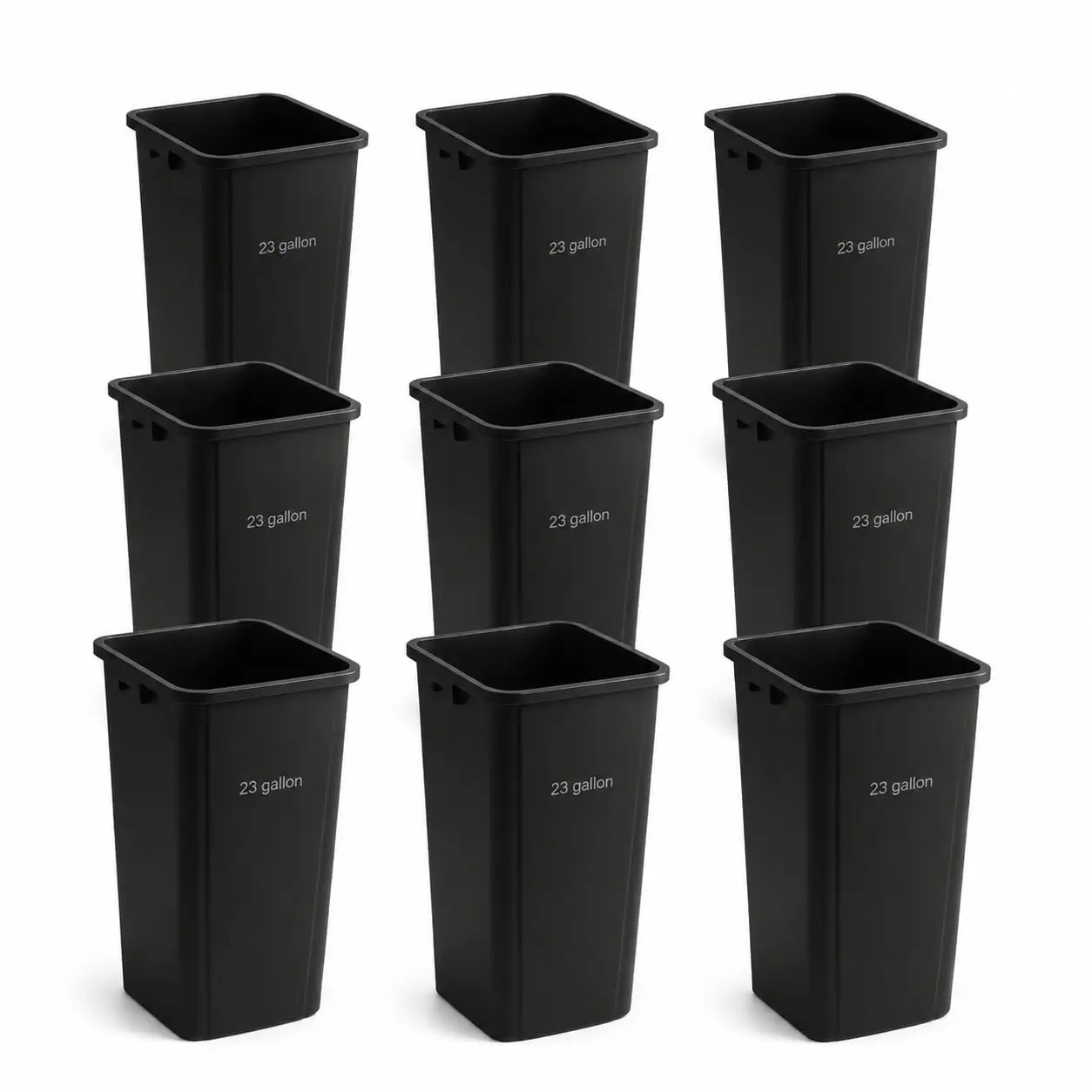 9 Pack Black 23 Gallon Square Commercial Trash Can, Heavy Duty Plastic Slim Waste Bin with Venting Channels and Built-in Handles