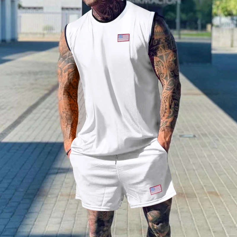 

2024 New American Sports Style Basketball 2-piece Suits For Men Sleeveless V-neck tops+Shorts Men Casual Basketball Clothing