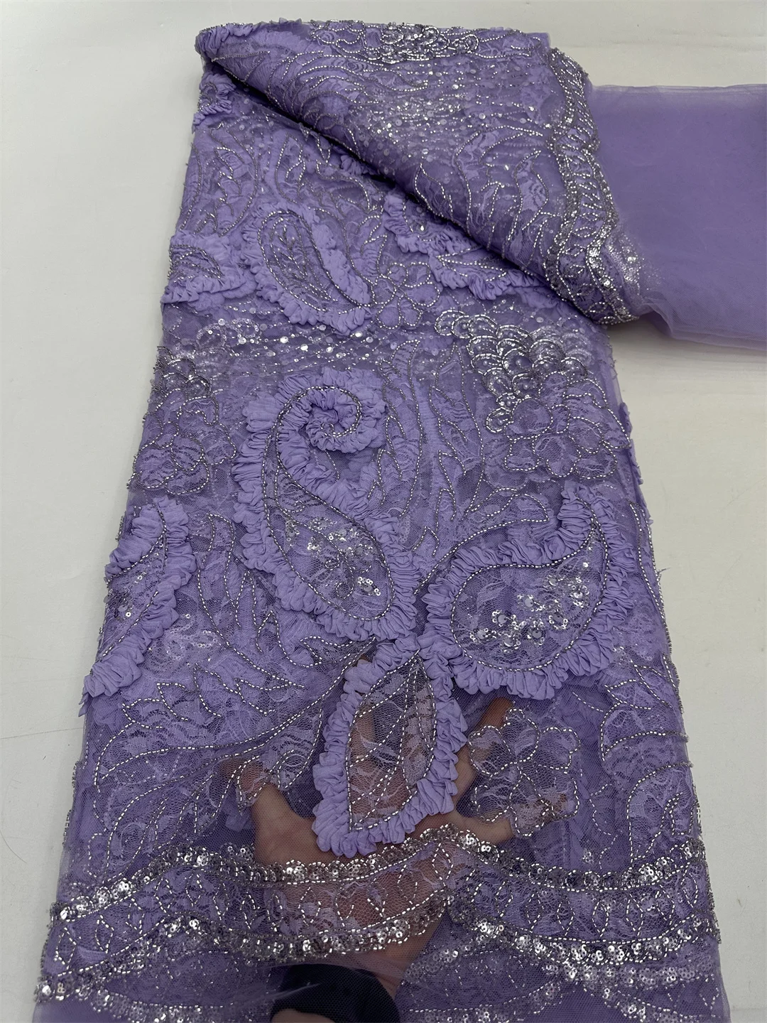 Luxuriöser 3D-afrikanischer schwerer handgefertigter Perlen-Tüll-Spitzenstoff 2025, nigerianischer französischer Pailletten-Netz-Spitzenstoff für Hochzeits-Party-Kleider