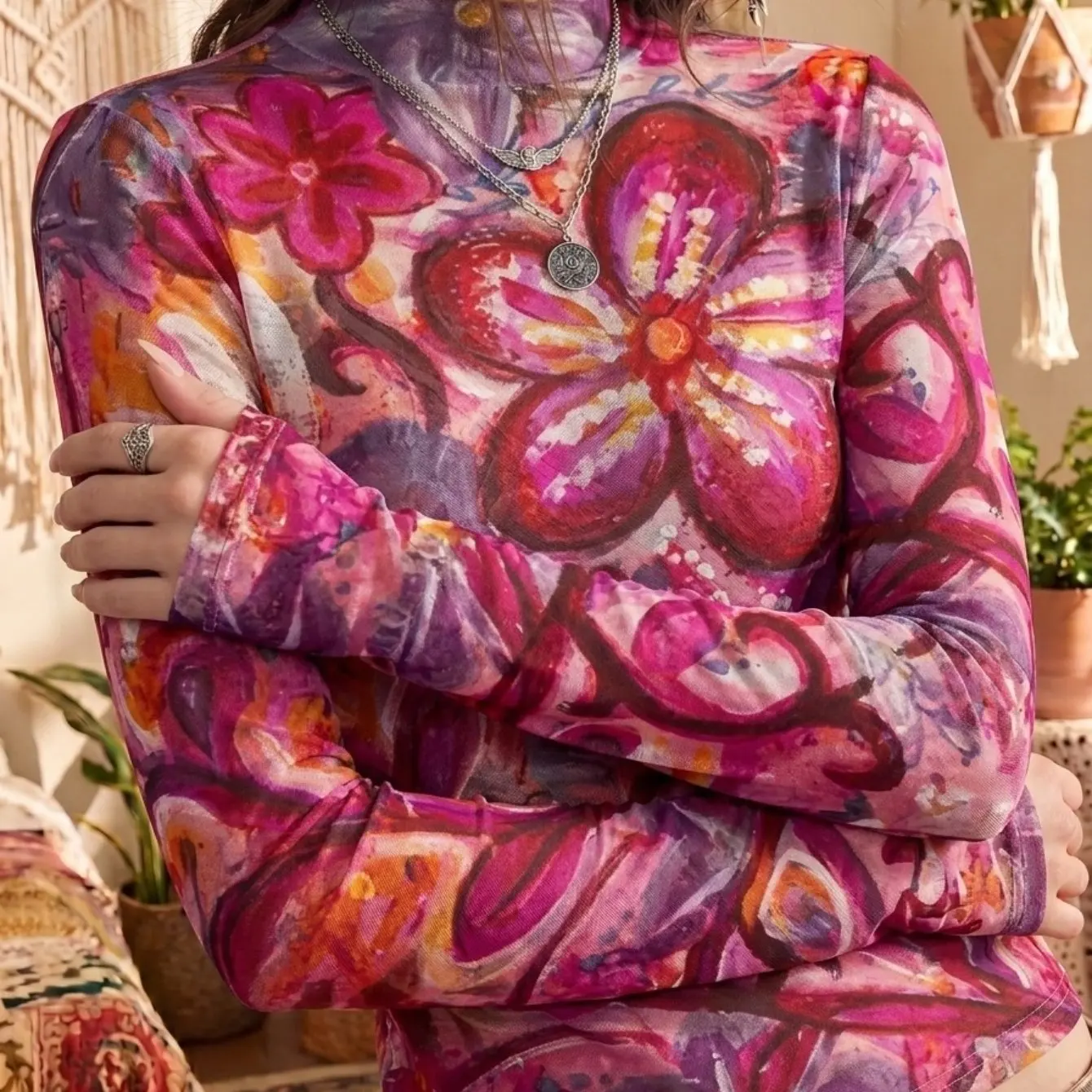 Bohemian Oil Painting Floral Sheer Mesh Top Women Mock Neck Long Sleeve Blouse Vintage Art Print Daily Casual Layering Shirt