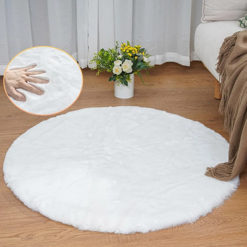 

3ft White Washable Faux Rabbit Fur Round Rug – Fluffy, for Living Room or Teen Room