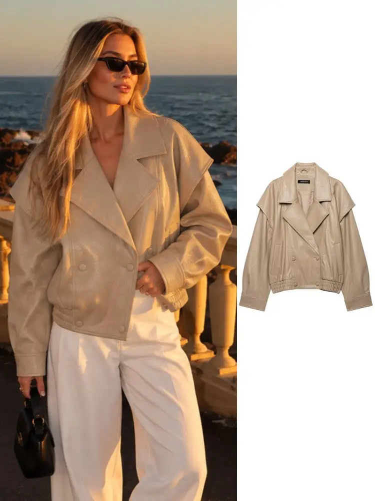 HH Women Spring Fall Beige Faux Leather Cropped Jacket Splicing Double‑Breasted Loose Outerwear For Street Commute Dating Wear
