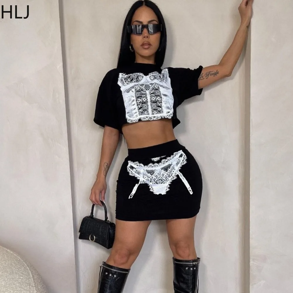 

HLJ Fashion Y2K Printing Streetwear Women Round Neck Short Sleeve Crop Top And Mini Skirts Two Piece Sets Summer New 2pcs Outfit