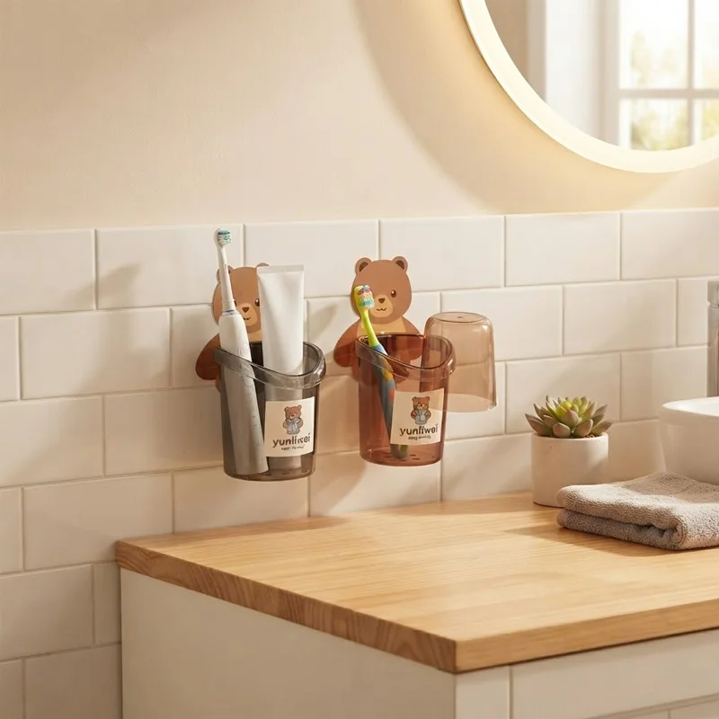 Cute Bear Pattern Wall Mounted Toothbrush Storage Rack Bathroom Multifunctional Toothbrush Container Bathroom  Yunliwei