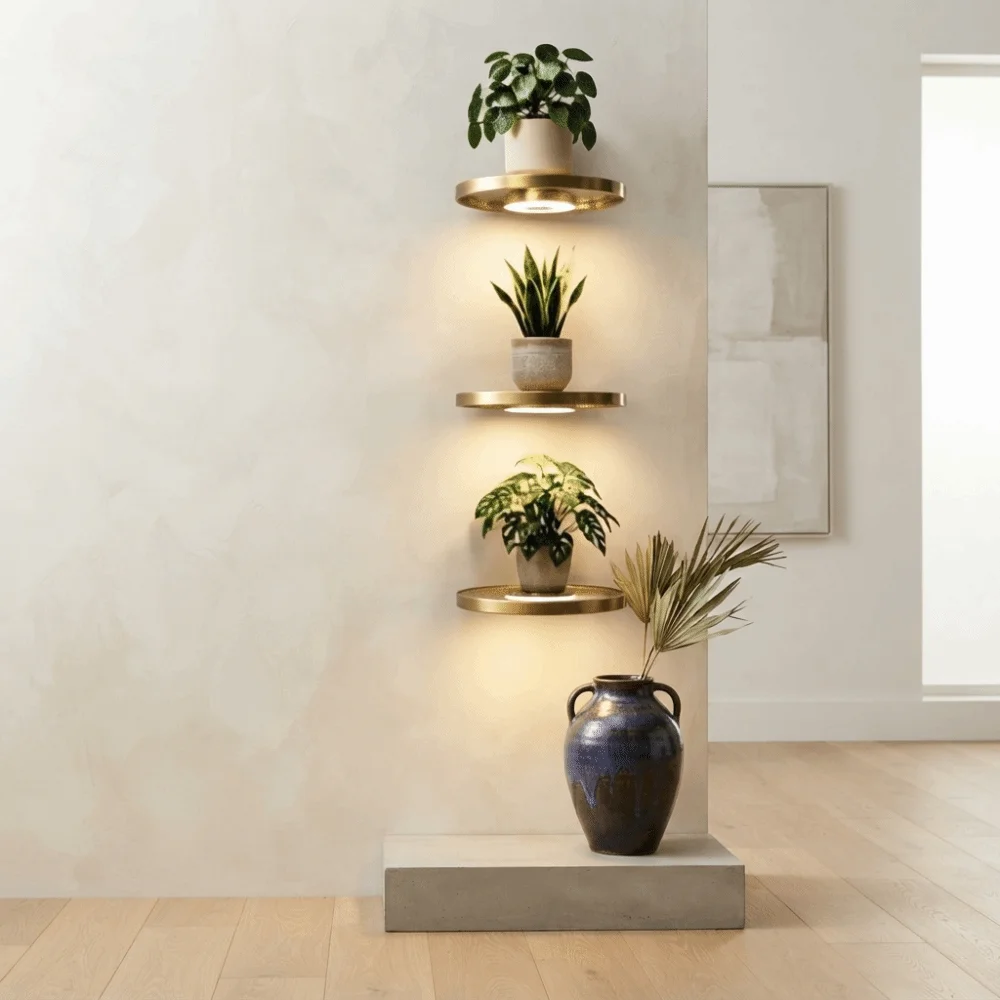 Built-in LED Lights Floating Wall Shelf Invisible Bracket Hidden Mount Display Rack Nordic Style Wall Mounted LED Light Shelf