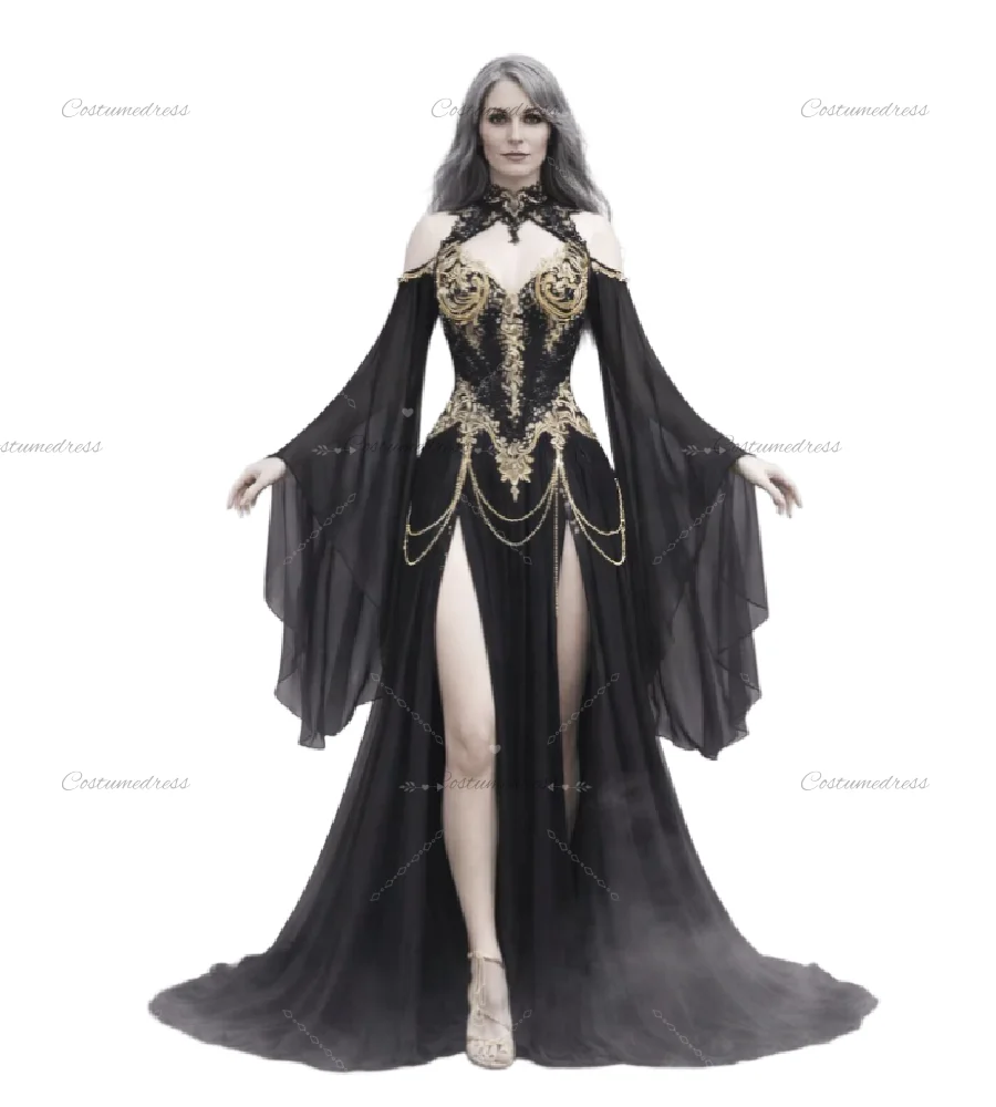 Fantasy Black Elvish Medieval Wedding Dress 2026 Bell Sleeves Chiffon Slit Boho Woodland Gothic Bridal Dresses With Gold Lace
