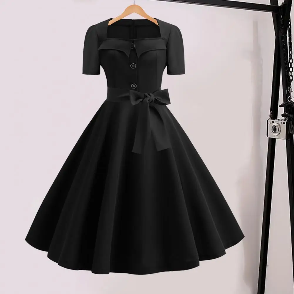 

Women Dress Square Neck Short Sleeve Retro Dress 1950s A-line Big Hem Dot Print Belted Performance Prom Midi Dress