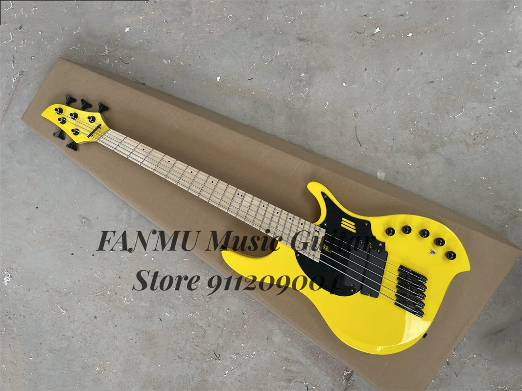 5 Strings Yellow Electric Bass Guitar DingW Bass Maple Fingerboard Fan Frets Black Bridge Active Battery Mini Switch