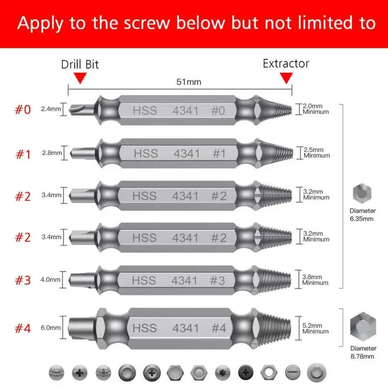 6PCS HSS Damaged Screw Extractor 2-12mm Speed Out Drill Bits Set Double-headed Broken Bolt Remover For Removing Broken Screws