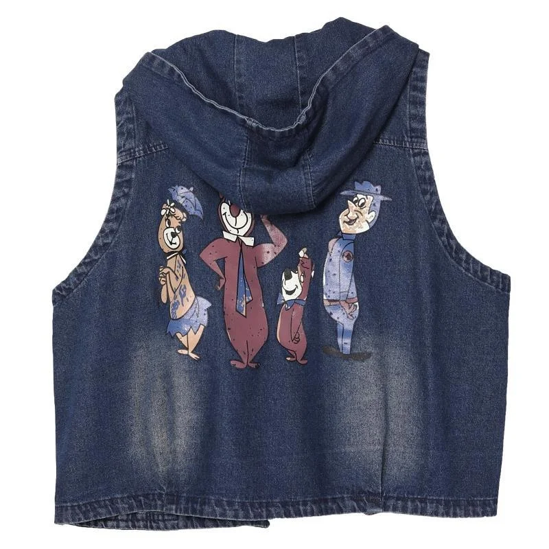 Spring Autumn Women\'s Vest Korean Loose Casual Print Hooded Waistcoat Pocket Sleeveless Denim Jacket Female