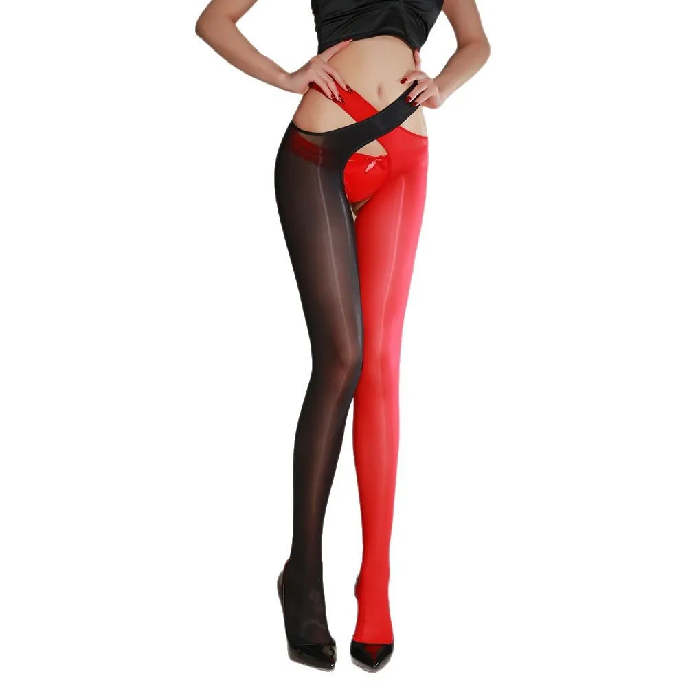 مثير الحصان النفط الجوارب عبر جوارب مفتوحة 8D لامعة جوارب طويلة رقيقة جدا الإناث الفائدة إغراء الحرير الأسود الألوان المتناقضة