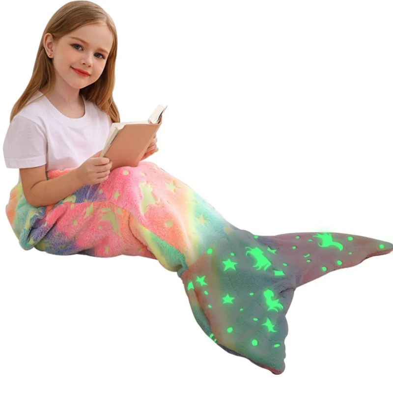 

Night Glow Rainbow Unicorn Mermaid Tail Blanket Super Soft Flannel Mermaid Tail Blanket women's Blanket Wearable Gifts
