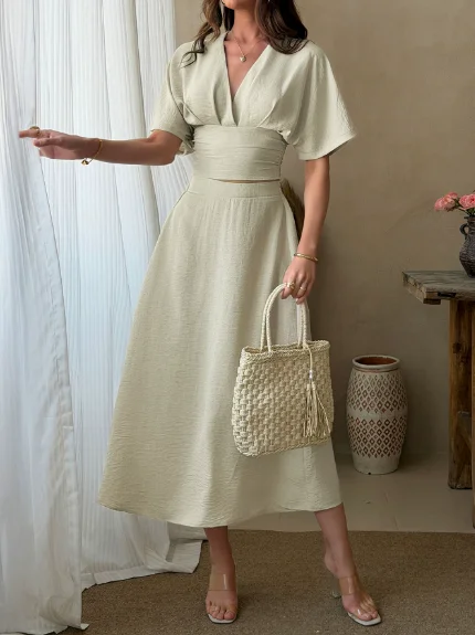Two Piece Set Women Outfit 2026 Spring New Solid Color V-Neck Short Sleeve Cinched Waist Crop Top & Casual Daily Long Skirt Set