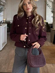 HH Women Bomber Jackets 2024 Trendy Wine Red O-Neck Long Sleeves Pockets Buttons Single Breasted Female Fashion Casual Coats