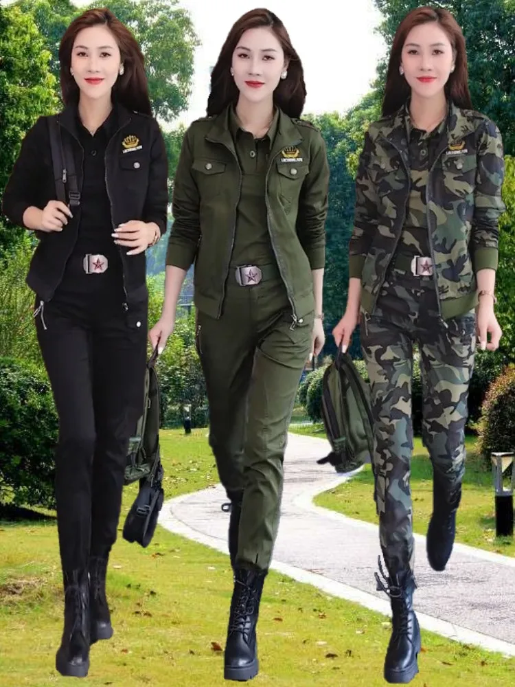 outdoor-camouflage-uniform-set-women's-short-sleeve-long-sleeve-jacket-and-long-pants-spring-autumn-military-green-black