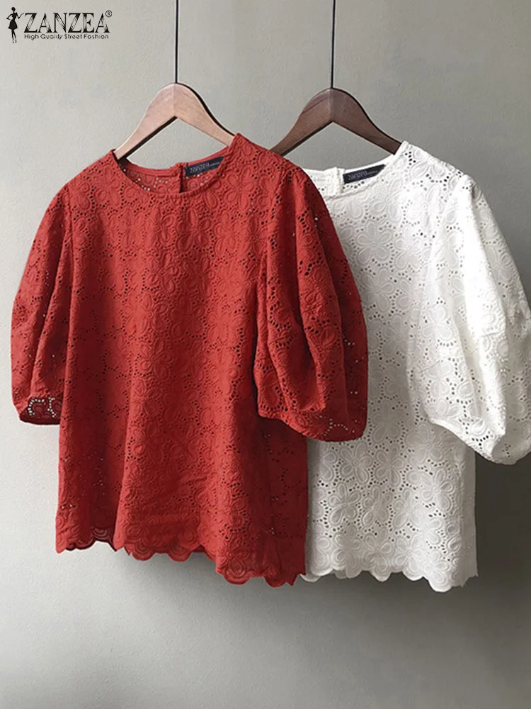 ZANZEA Elegant Women Short Sleeve Blouse 2024 Fashion Summer Loose Hollow Out Oversized Puff Sleeve Tops Casual Solid Blusas