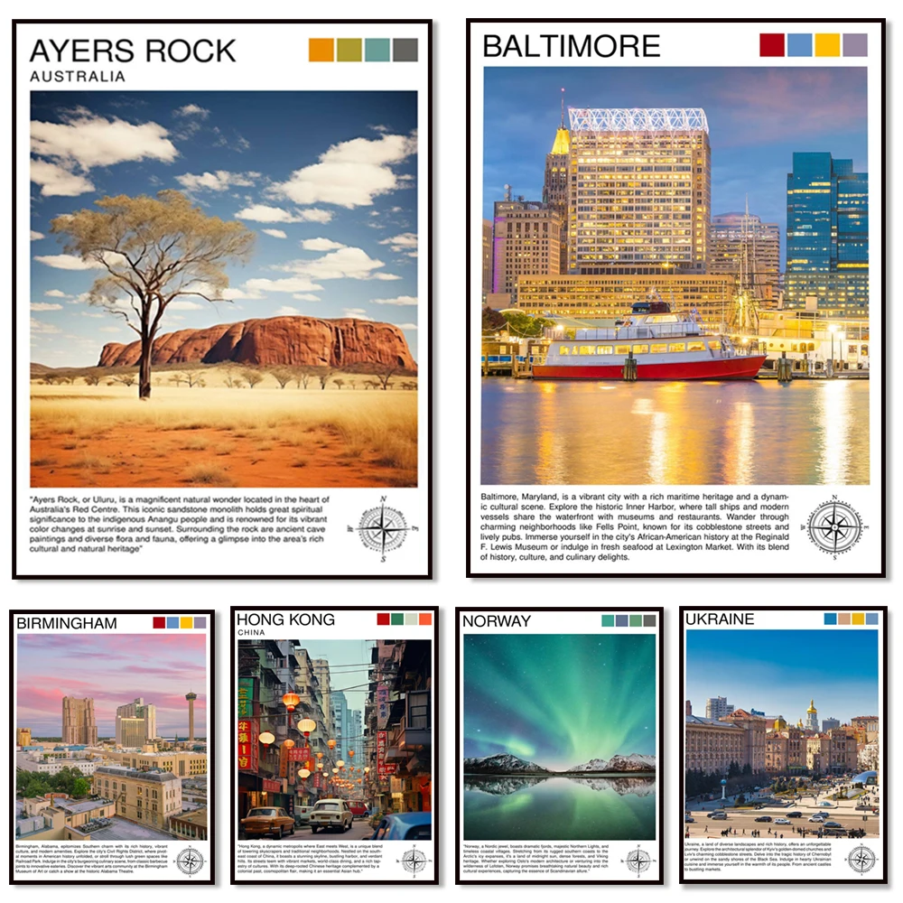 Birmingham, Alabama, Ukraine, Germany, Ayers Rock, Maryland, Minnesota, Boston, Tokyo, Bali, Norway travel scenery posters