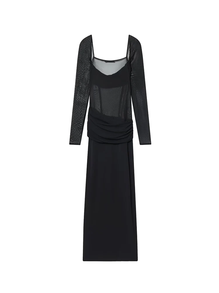 Tfmln feminino elegante vestido longo retro sexy semi-transparente emendado dobras manga longa vestido de festa moda vestido de pescoço quadrado