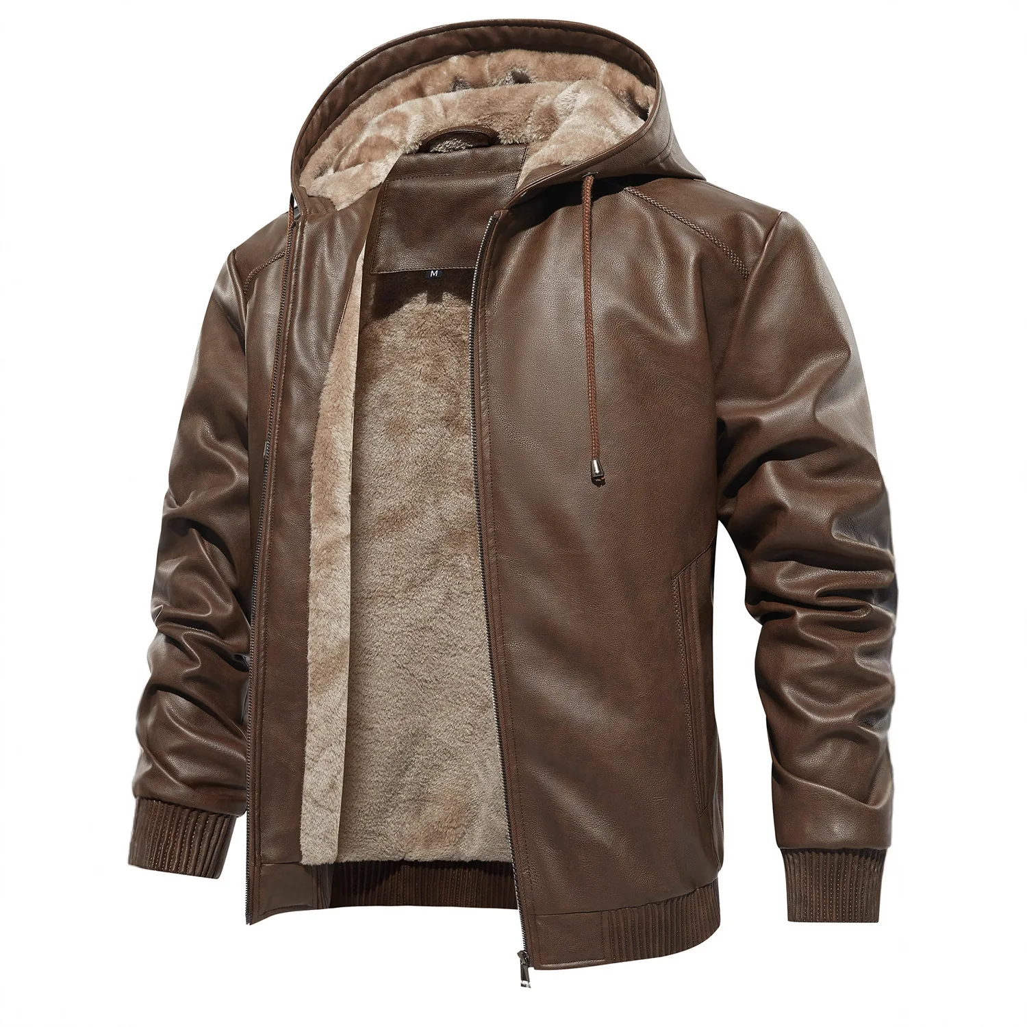 Men Dark Brown Black Solid Color Long Sleeve Hooded Zipper Faux Leather Jackets Male Autumn Winter New Fashion Coats Clothes