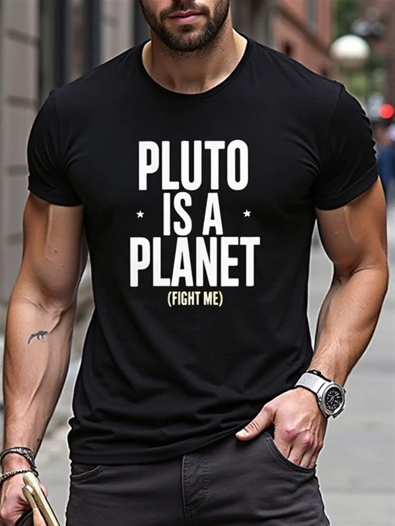 

T-Shirt with Bold Text in Black and White, Suitable for Astronomy and Skateboarding Enthusiasts, Soft, Comfortable, Breathable, Suitable for Year-Round Wear, Loose Fit T-Shirt for Men, Skateboarding Enthusiasts' Clothing