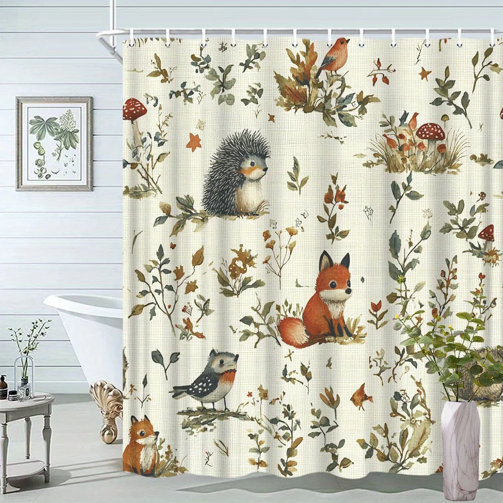 1pc Forest Animal Pattern Shower Curtain Cute Fox Hedgehog Bird Natural Plant Watercolor Style Bathroom Decor Polyester Fabric