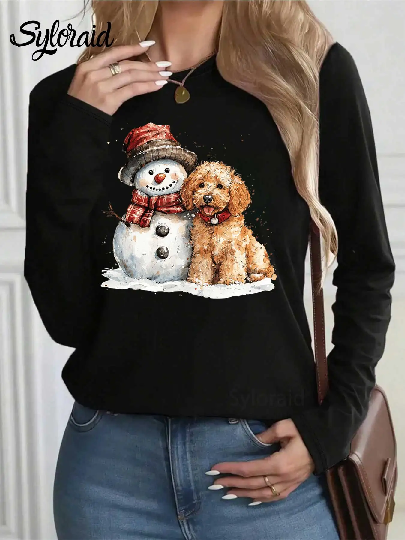 المرأة طويلة الأكمام تي شيرت عيد الميلاد Goldendoodle وثلج تي شيرت عيد الميلاد الكلب ShirtFashion جولة الرقبة عارضة أعلى #2