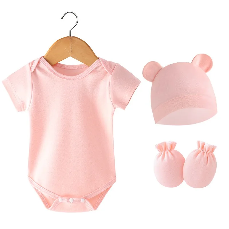 3Pcs Set Newborn Birth Set 2024 Spring Summer Baby Bodysuit Cotton Baby Hat Gloves Soft Baby Rompers Infant Stuff 0 to 3 Months