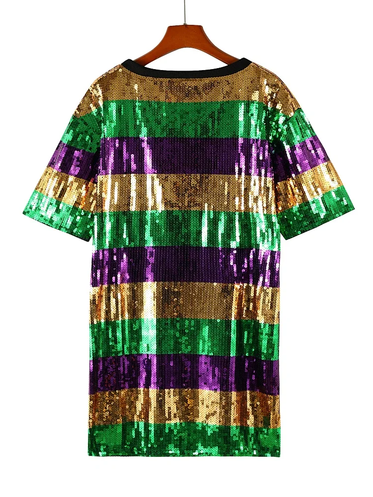 Striped Mardi Gras Sequin Dress Ladies Color Block Short Sleeve Loose Bling Sequined Tshirt Dress Carnival Festival Costume