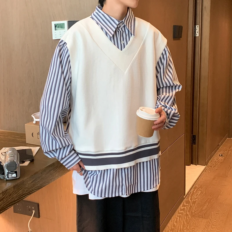 

Loose V-Neck Knitted Sweater Vest Korean Style Men's Shirt Trendy Striped Patchwork Spring Autumn Fashion Youthful Long Sleeve