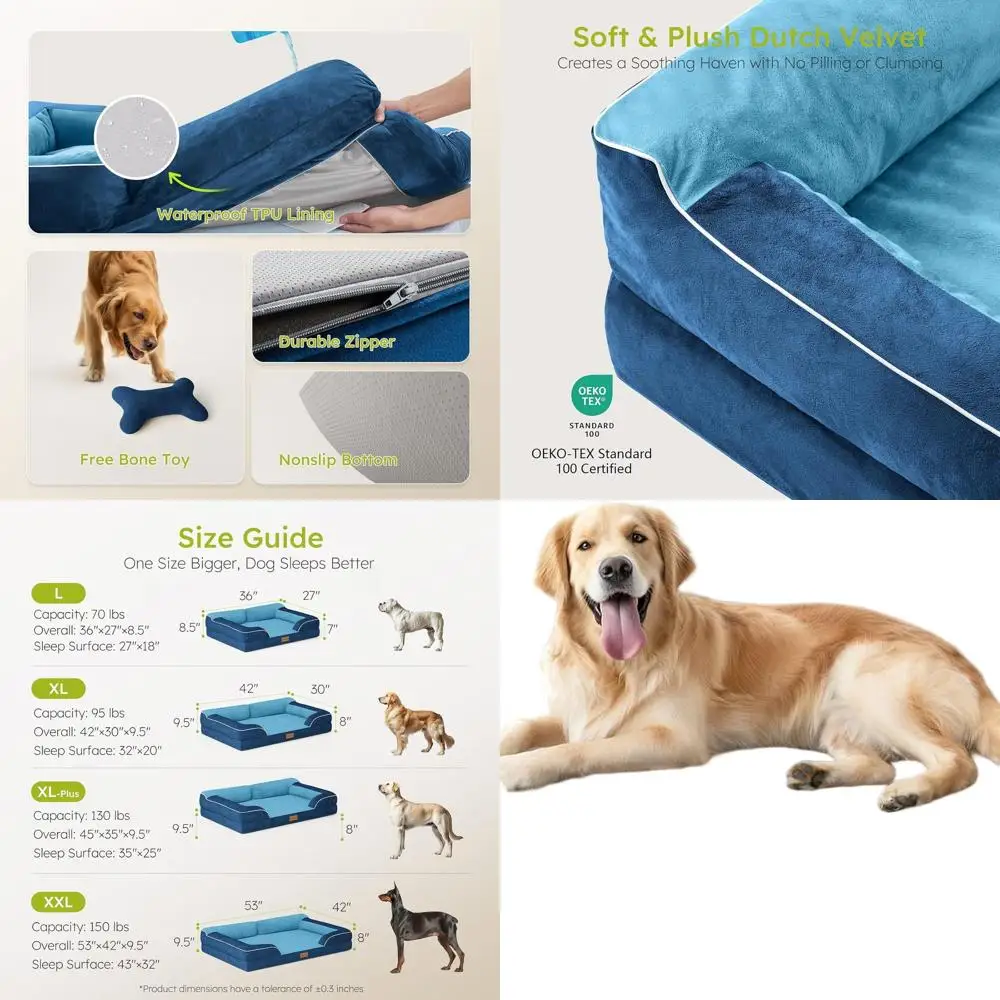 

Ортопедическая лежанка для собак XL с охлаждающим гелем, водонепроницаемый съемный чехол, диван из голландского вельвета с игрушкой-костью, темно-синий