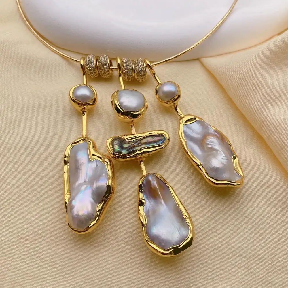 YYGEM 20x35mm Cultured Biwa Pearl Sea Shell Pearl Choker Charm Gold Plated Necklace Jewelry For Women