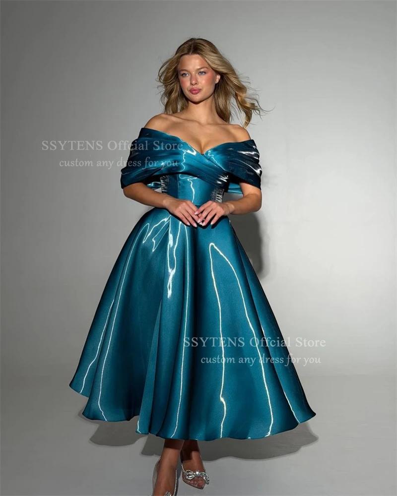SSYTENS Modern Turquoise Evening Dresses Off The Shoulder A-Line Formal Prom Dresses Shiny Long Homecoming Party Gown Customized - view 3