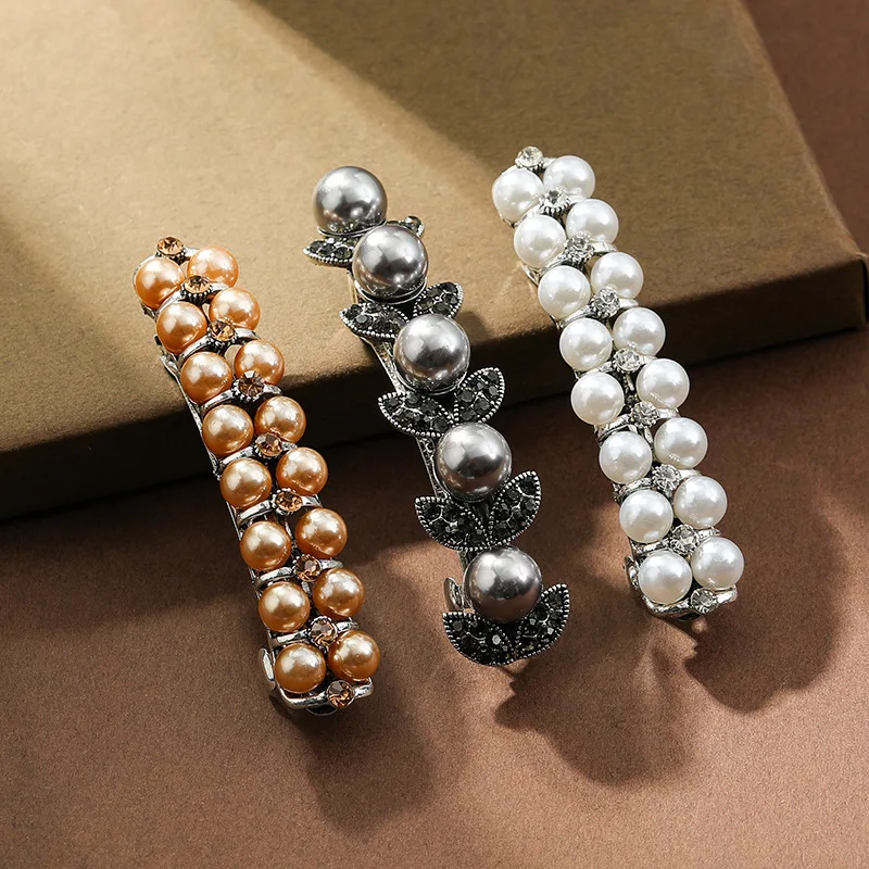 New double-row white pearl zircon spring hairpin vintage exquisite horizontal clip elegant women fashion hair accessories