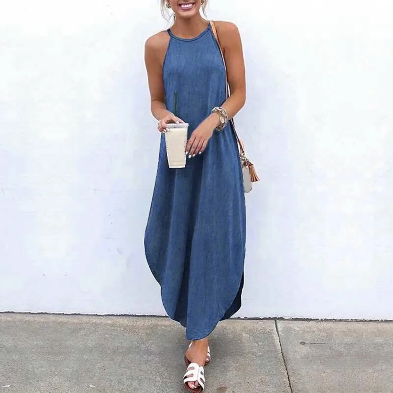 

Summer new blue wash denim irregular sexy solid color halter dress for women