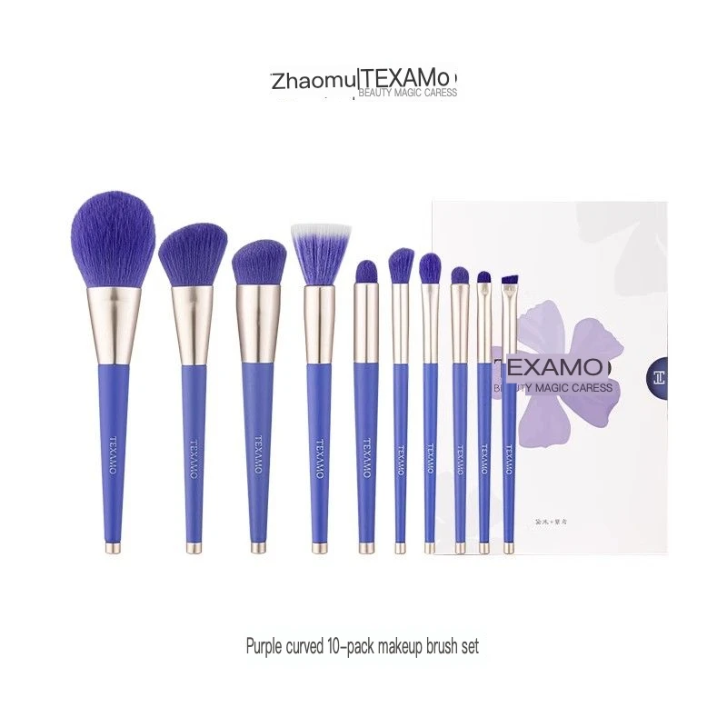 Set di pennelli per trucco Yuan blu e viola: 10 pennelli per ombretto, pennelli per fard a punti, pennelli per contorni in polvere sciolta