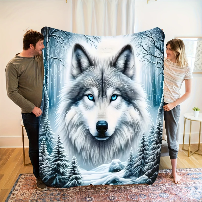 Snow Forest Blue Eyed Gray Wolf Realistic Throw Blanket,Warm Lounge,Bedroom Decor,Birthday Cool Stylish Household Souvenir