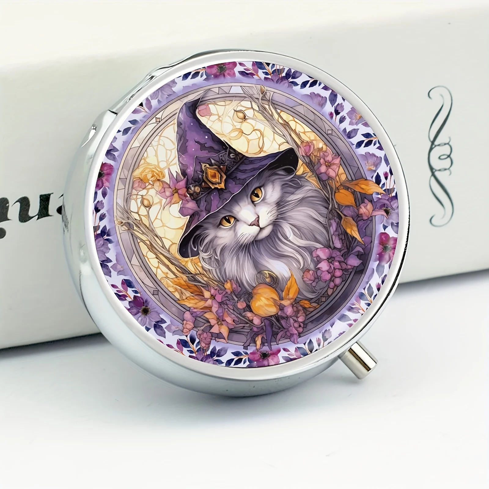 Purple Witch Cat Pill Box,3 Compartment Medicine Pill Organizer, Mini Box,Pill Case For Purse,Travel Portable Box