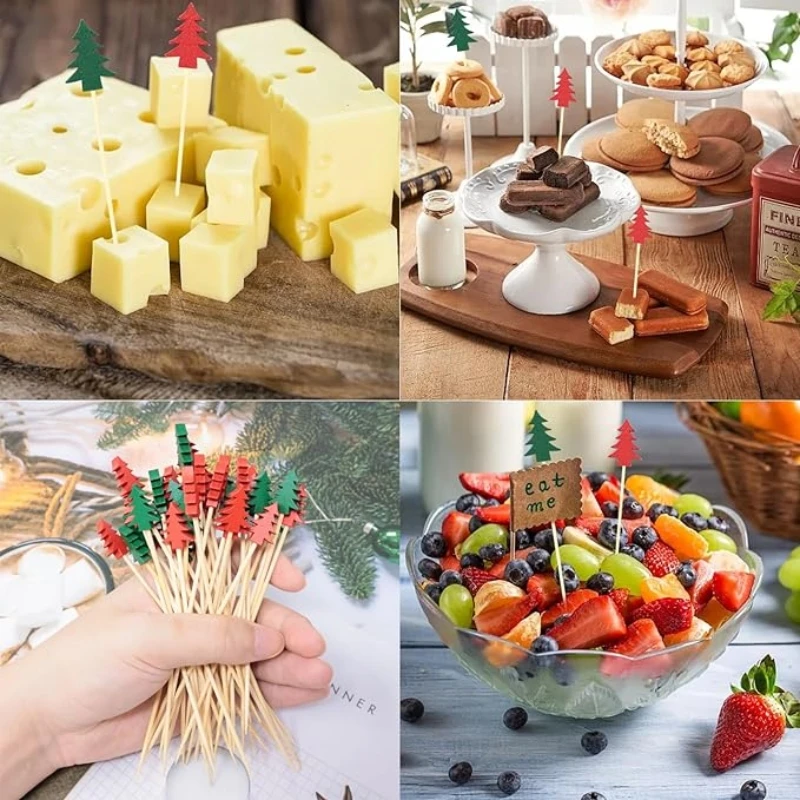 4Packs Christmas Bamboo Skewers Disposable Food Dessert Toothpicks Fruit Salad Fork New Year Party Decoration Supplies