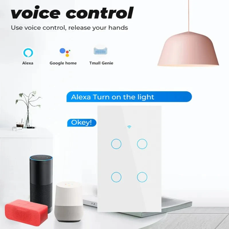 Interruptor de luz inteligente Tuya WiFi RF, 1/2/3 Gang, Control por voz, No requiere cable neutro, interruptor de pared táctil, funciona con Alexa y Google Home