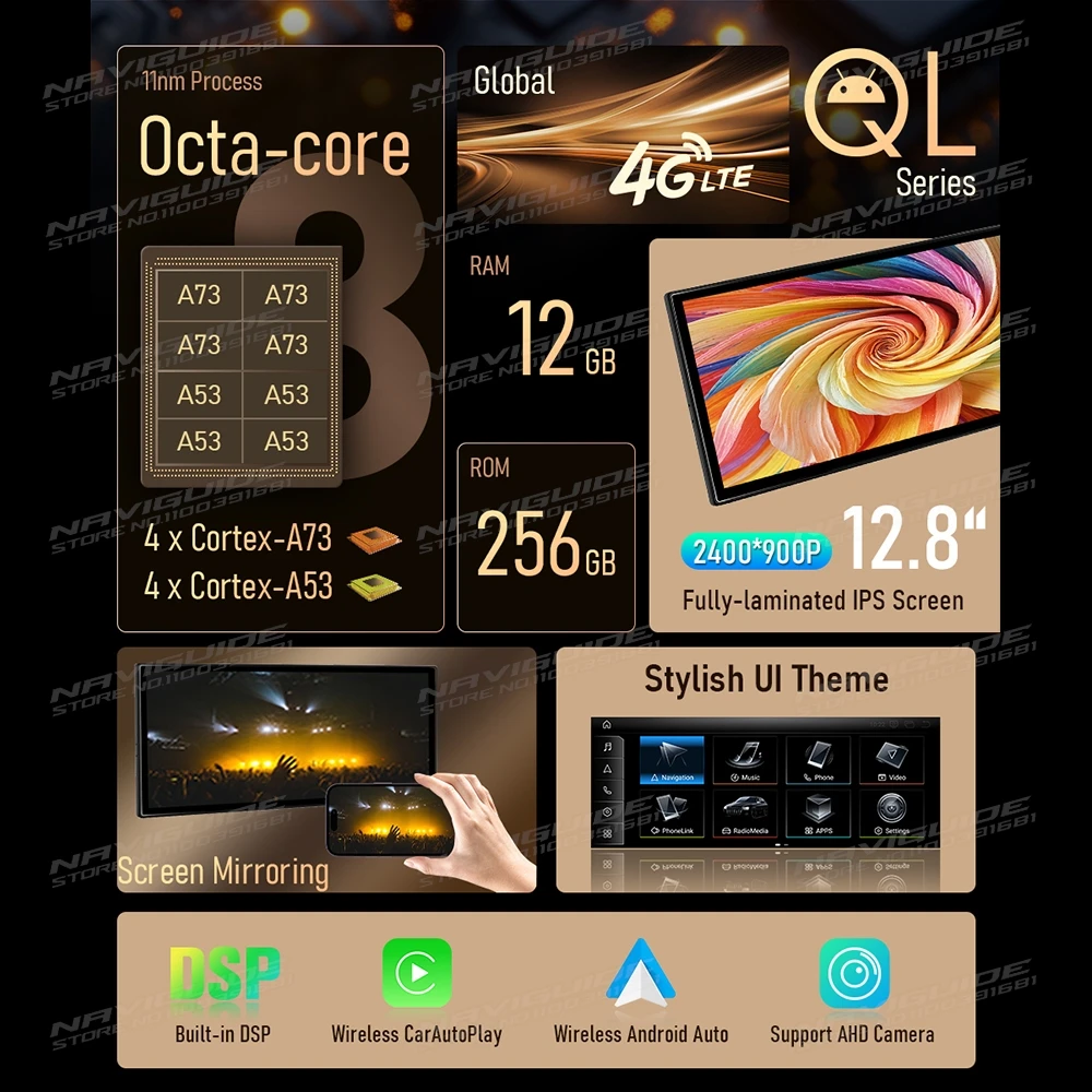 شاشة NAVIGUIDE 12.8 بوصة Android14 رفيعة للغاية لأودي A6 2005-2009 Carplay اللاسلكية أندرويد لوحة القيادة الملونة للسيارات وحدة الرأس GPS