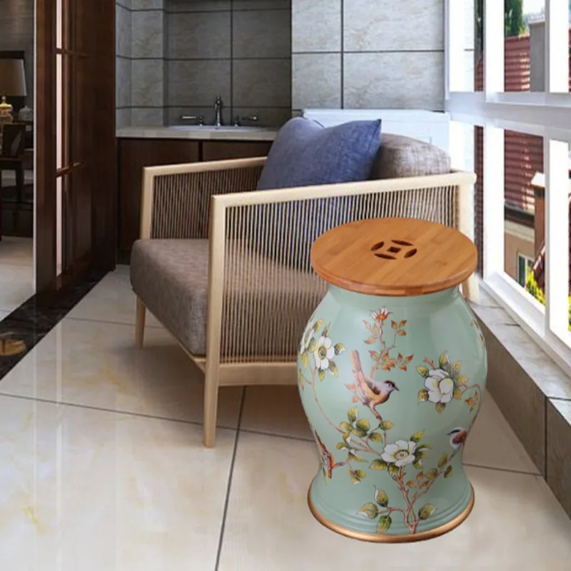 European Drum Ceramic Stool, Makeup Stools with Wooden Lid, Storage Ottomans, Shoe Bench, Chinese Zither Stools, 28*48cm