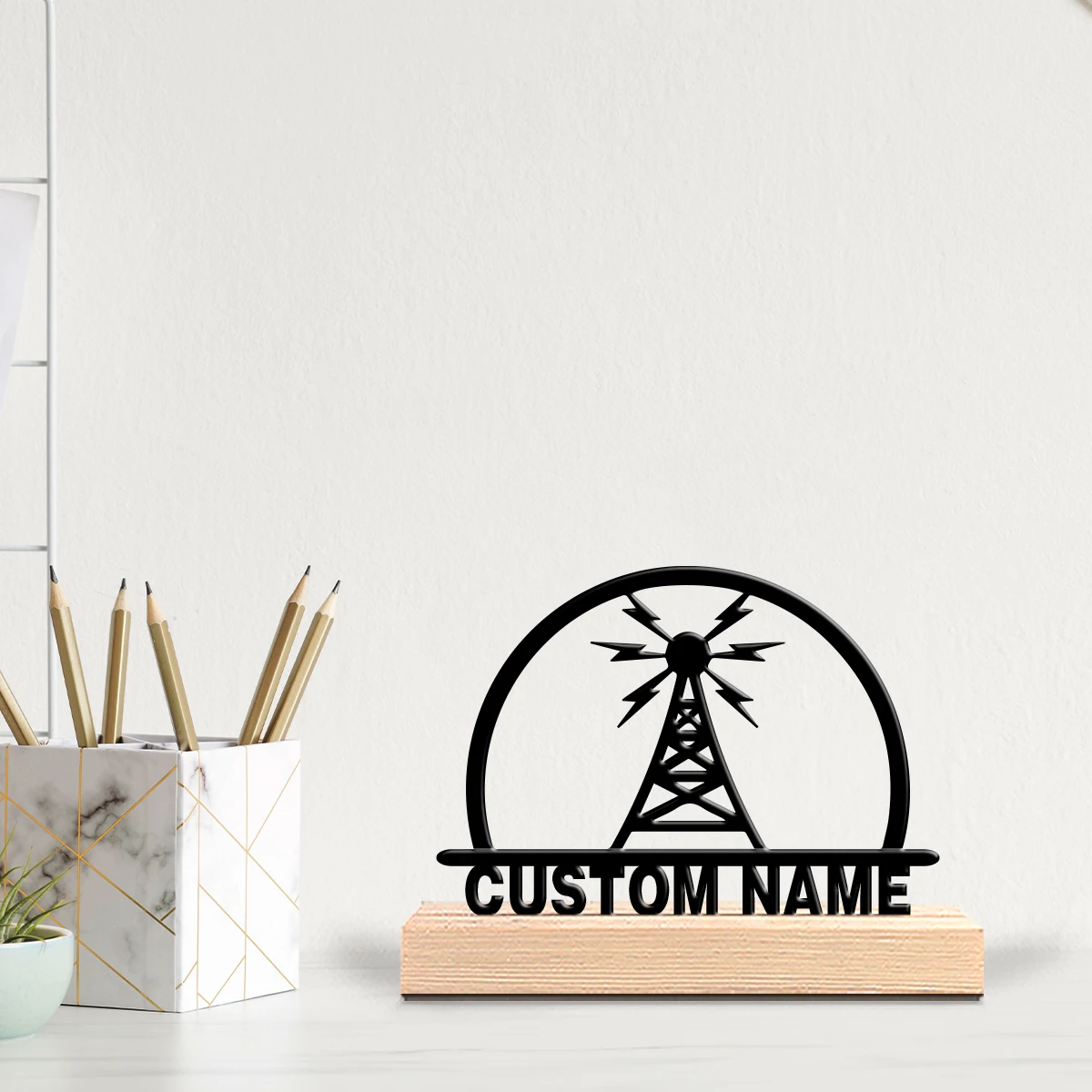 1PC Customizable Metal Transmission Tower Statue with Wooden Base Tabletop Fantasy Desk Sculpture for Gamers