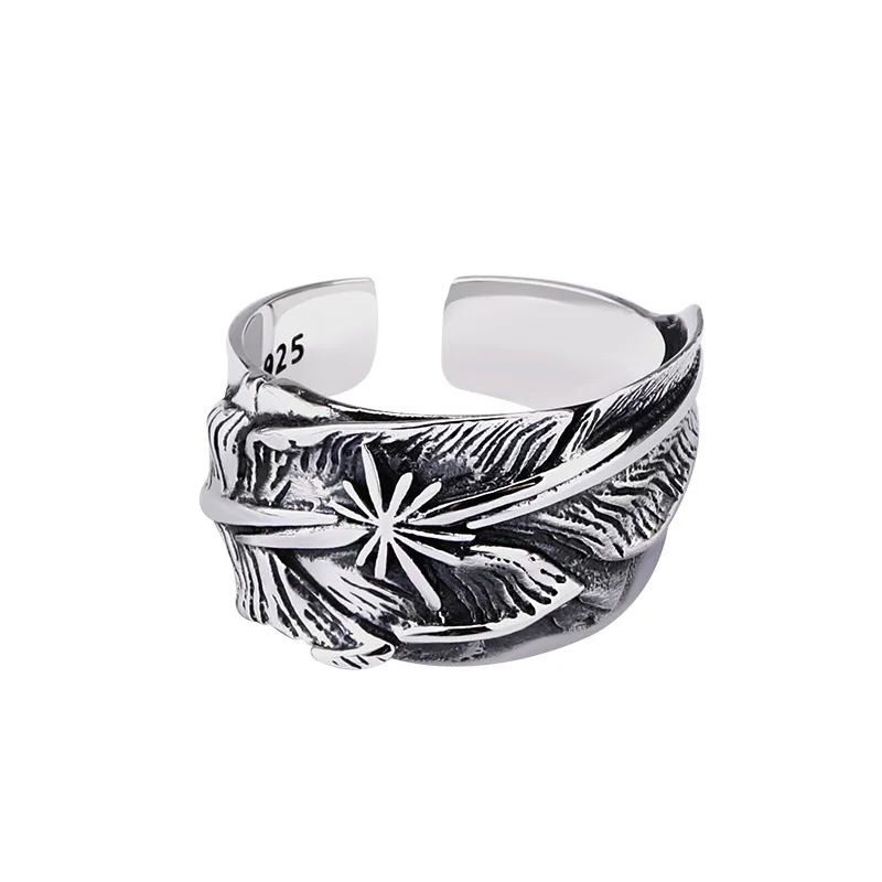 Feather ring men's opening 925 sterling silver japanese and korean retrostylishhip hopmen thai silver ring for women