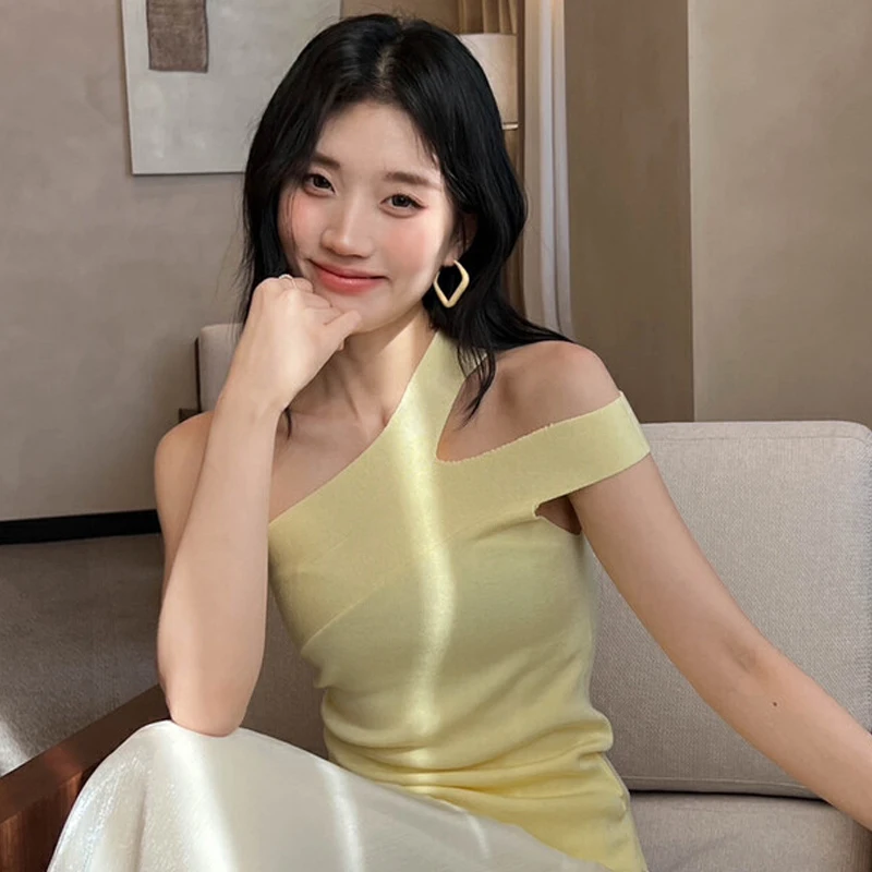 Gilet con coulisse con spalle scoperte irregolari Top estivi da donna senza maniche per le vacanze